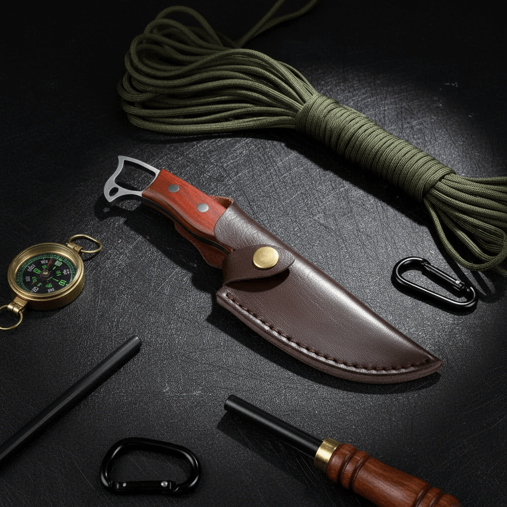 Sharp Edge Full Tang Fixed Blade Hunting Knife | Wooden Handle Outdoor Camping Knife with PU Leather Sheath - Hadi Craft