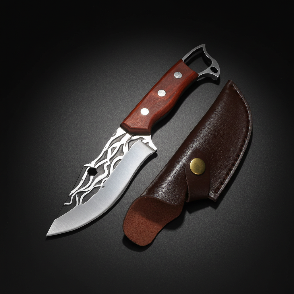 Sharp Edge Full Tang Fixed Blade Hunting Knife | Wooden Handle Outdoor Camping Knife with PU Leather Sheath