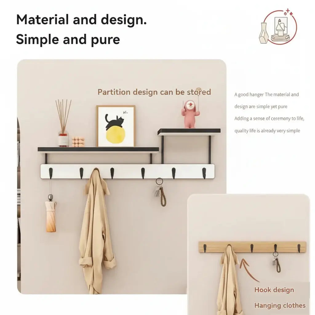 Solid Wood Wall Hook Rack – Multifunctional Entryway Coat & Key Holder - Hadi Craft