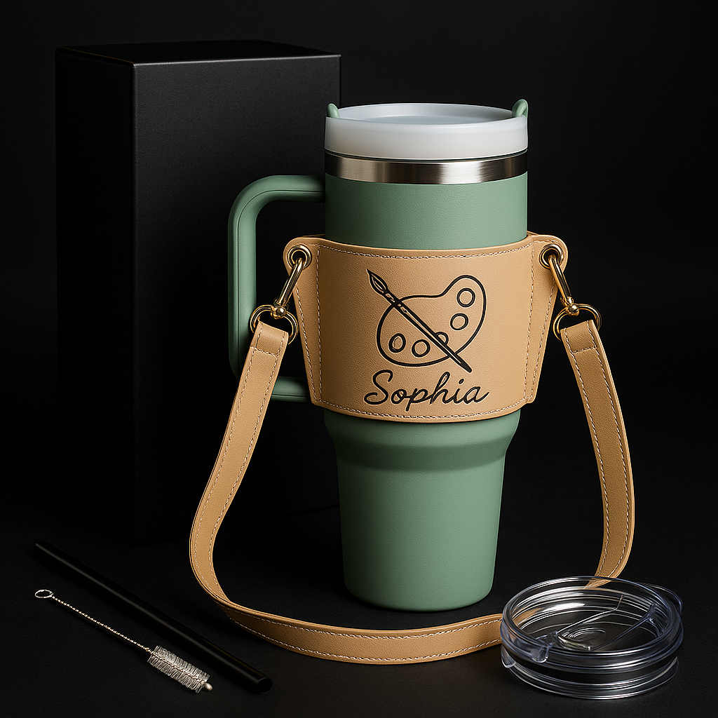 Personalized Leather Carrier for 40oz Stanley Tumbler with Adjustable Strap