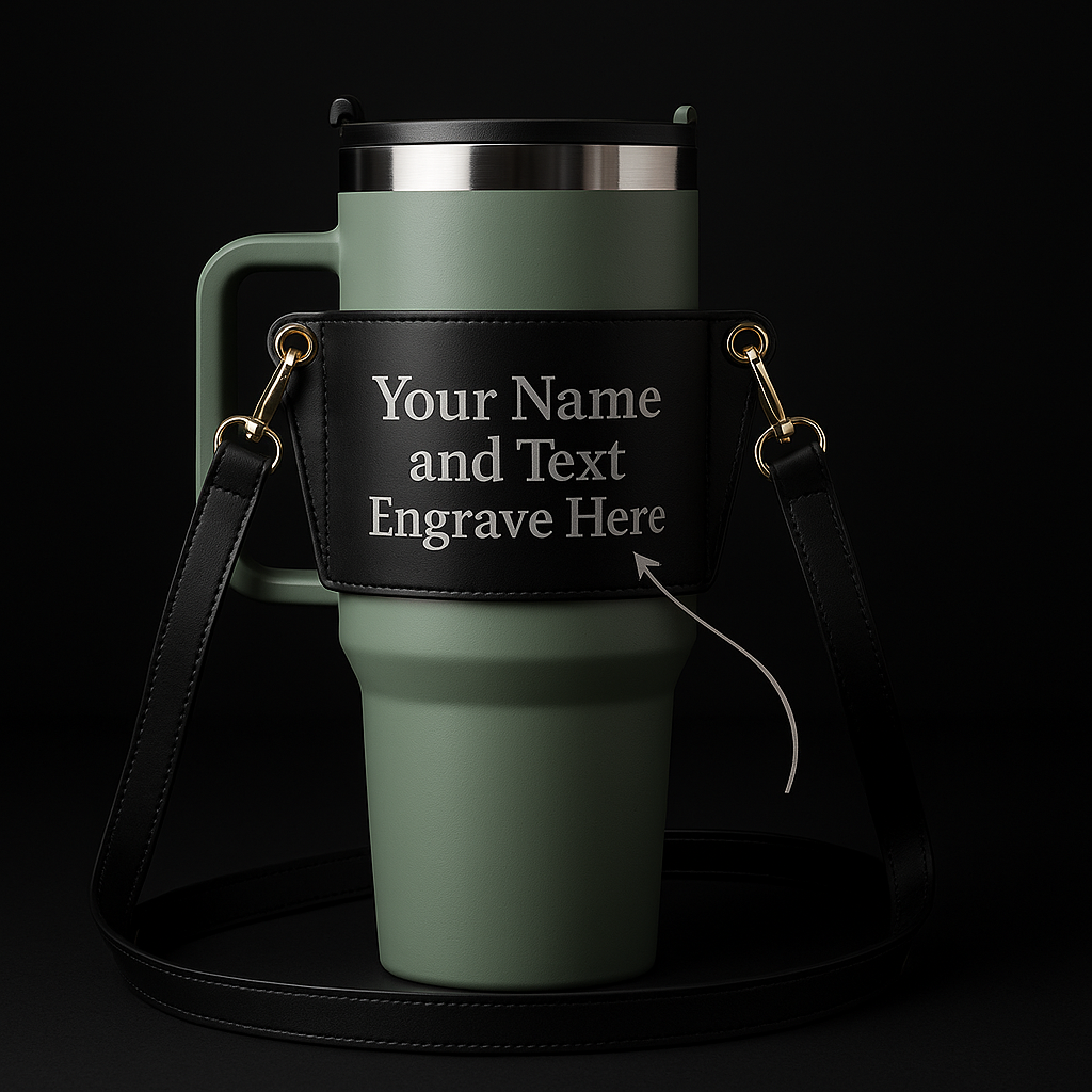 Personalized Leather Carrier for 40oz Stanley Tumbler with Adjustable Strap