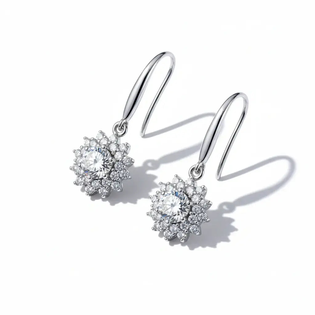 Sterling Silver White Gold Plated Moissanite Sunflower Dangle Earrings Wedding Jewelry S925 - Hadi Craft