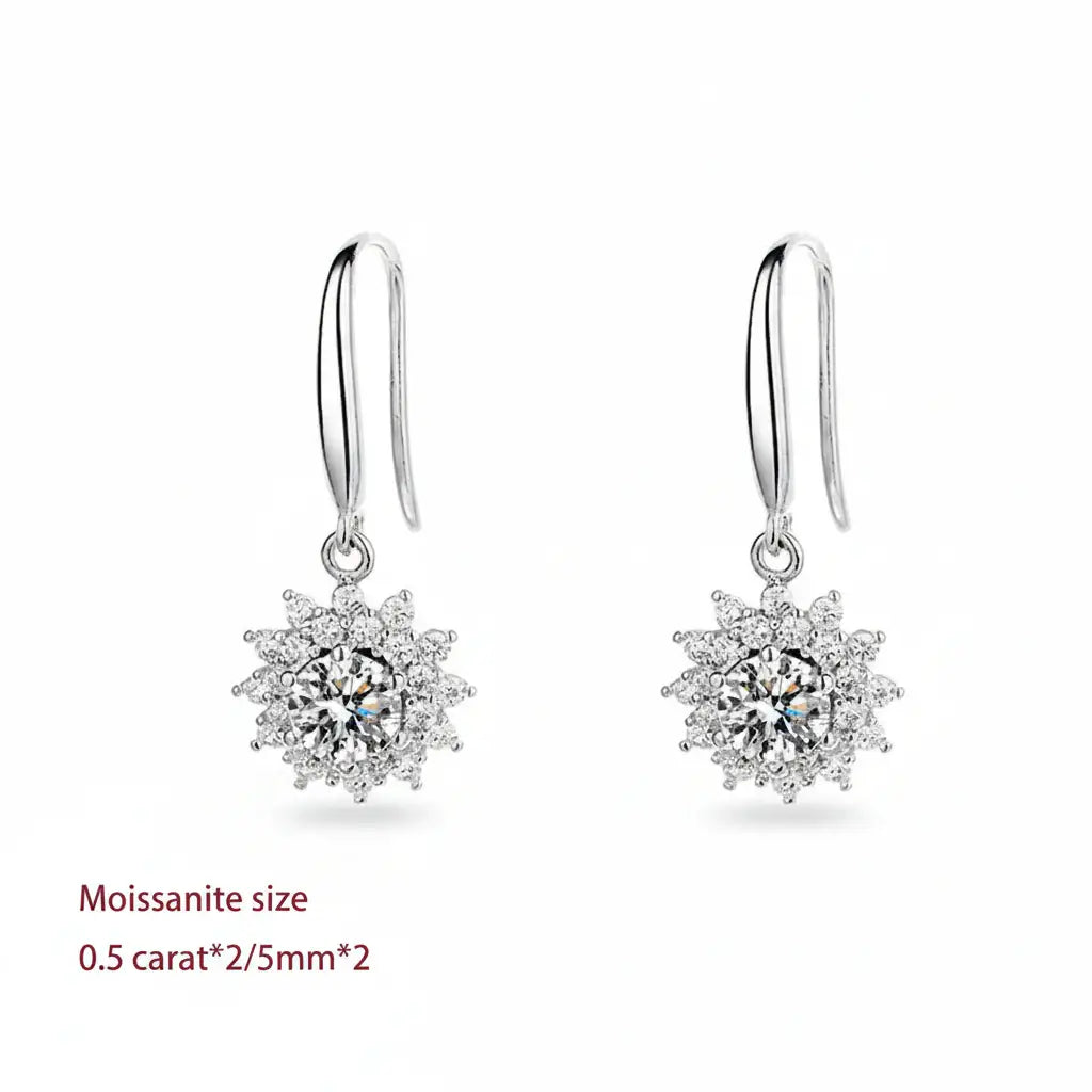 Sterling Silver White Gold Plated Moissanite Sunflower Dangle Earrings Wedding Jewelry S925 - Hadi Craft