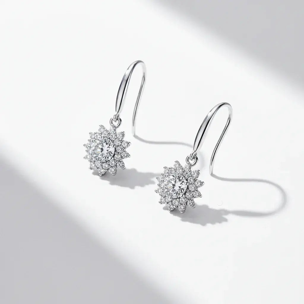 Sterling Silver White Gold Plated Moissanite Sunflower Dangle Earrings Wedding Jewelry S925 - Hadi Craft