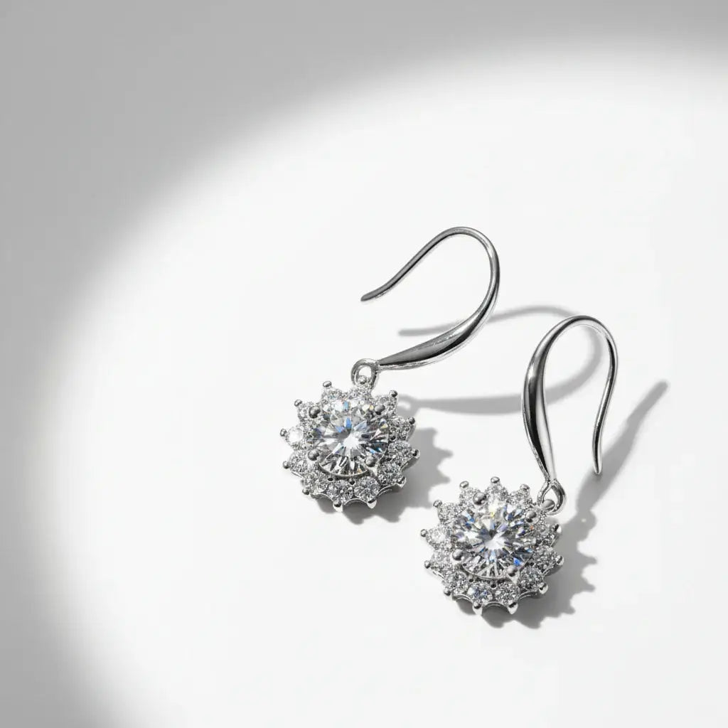 Sterling Silver White Gold Plated Moissanite Sunflower Dangle Earrings Wedding Jewelry S925 - Hadi Craft