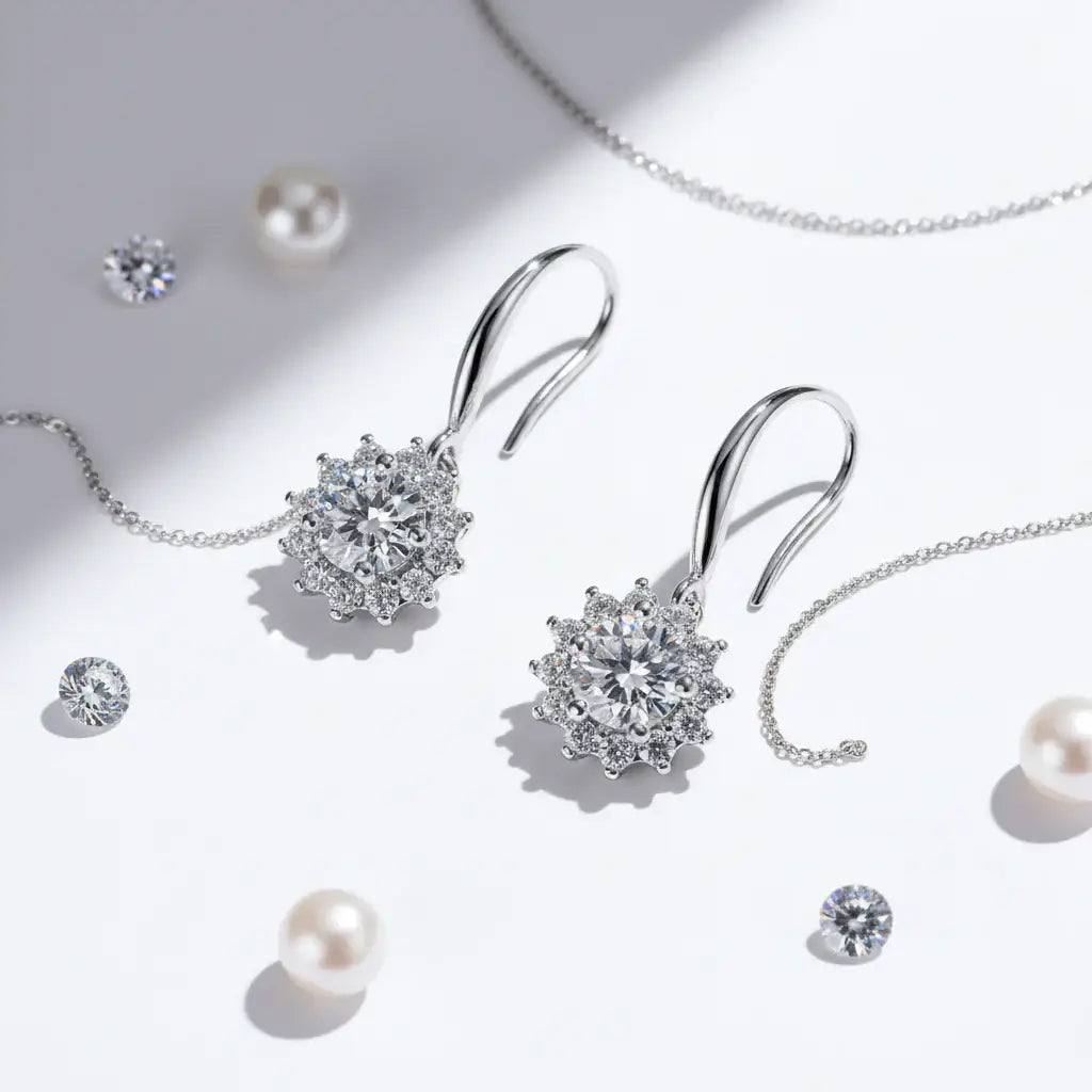 Sterling Silver White Gold Plated Moissanite Sunflower Dangle Earrings Wedding Jewelry S925 - Hadi Craft