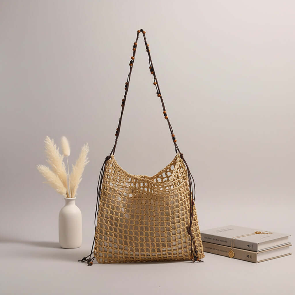 Straw beach bag for women woven bag with lace up pattern - Hadi Craft