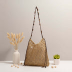 Straw beach bag for women woven bag with lace up pattern - Hadi Craft