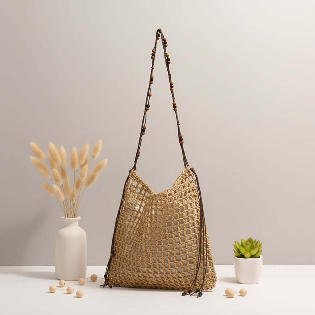 Straw beach bag for women woven bag with lace up pattern - Hadi Craft