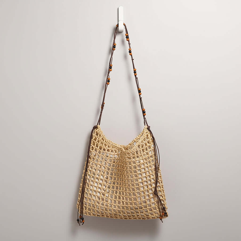 Straw beach bag for women woven bag with lace up pattern - Hadi Craft