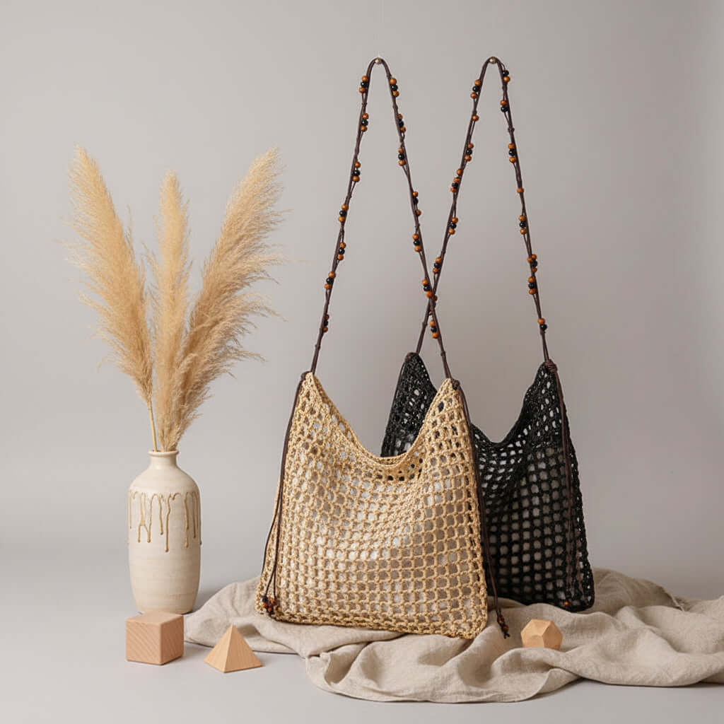 Straw beach bag for women woven bag with lace up pattern - Hadi Craft
