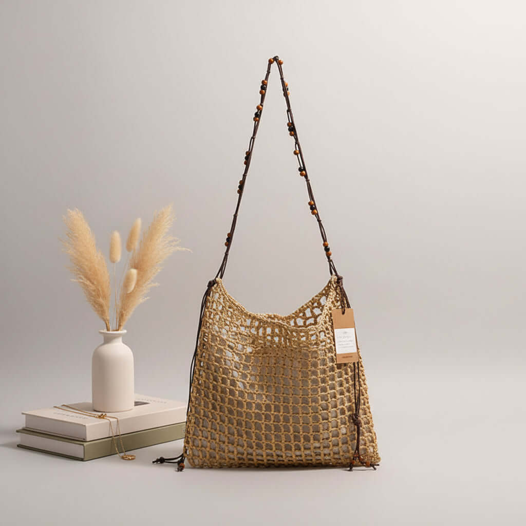 Straw beach bag for women woven bag with lace up pattern - Hadi Craft