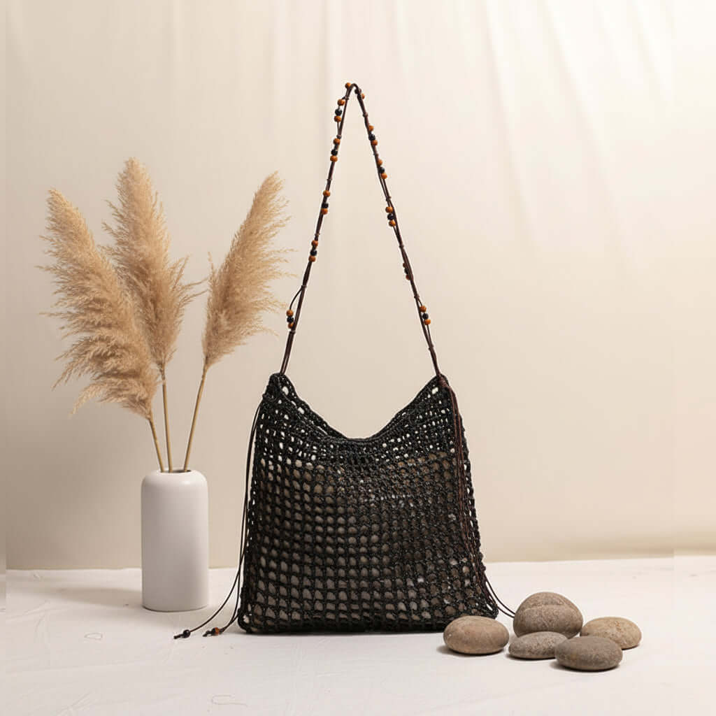 Straw beach bag for women woven bag with lace up pattern - Hadi Craft