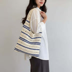 Striped Woven Beach Bag Large Capacity - Hadi Craft