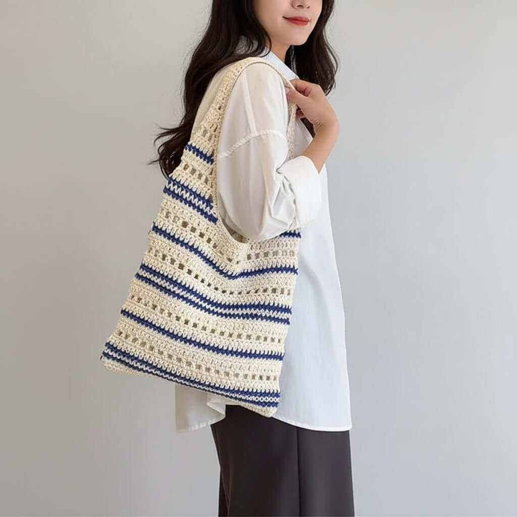 Striped Woven Beach Bag Large Capacity - Hadi Craft
