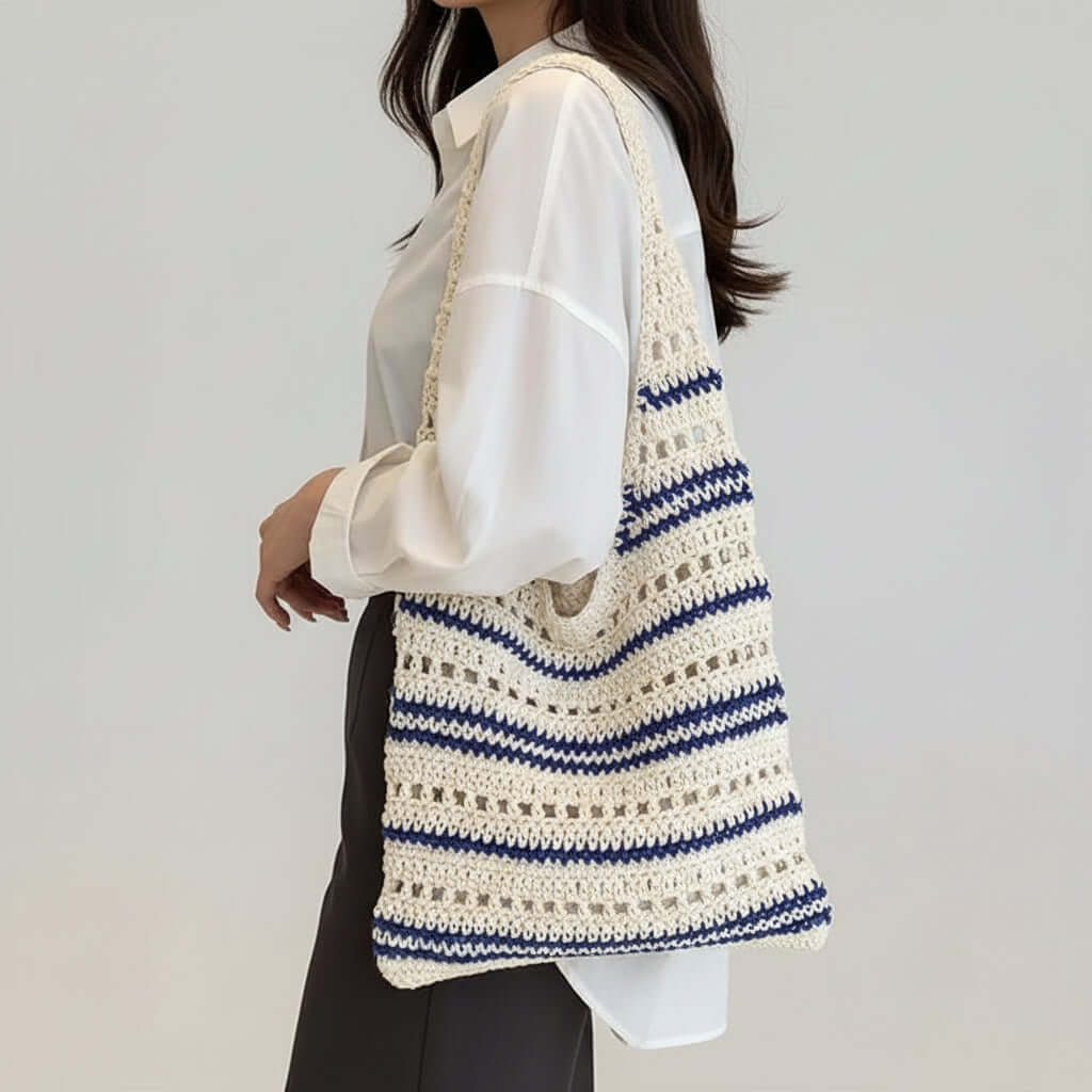 Striped Woven Beach Bag Large Capacity - Hadi Craft