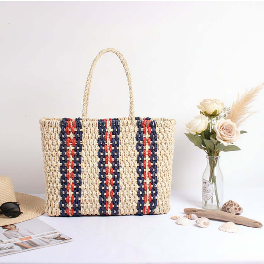 Striped woven beach bag Travel Vacation Women Striped One Shoulder bag - Hadi Craft