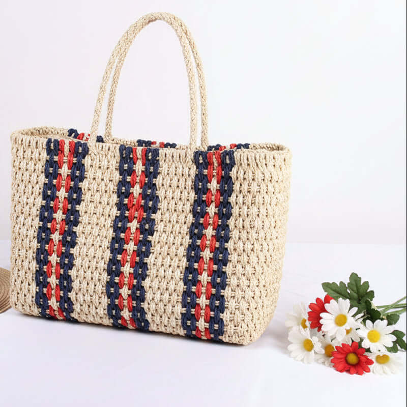 Striped woven beach bag Travel Vacation Women Striped One Shoulder bag - Hadi Craft
