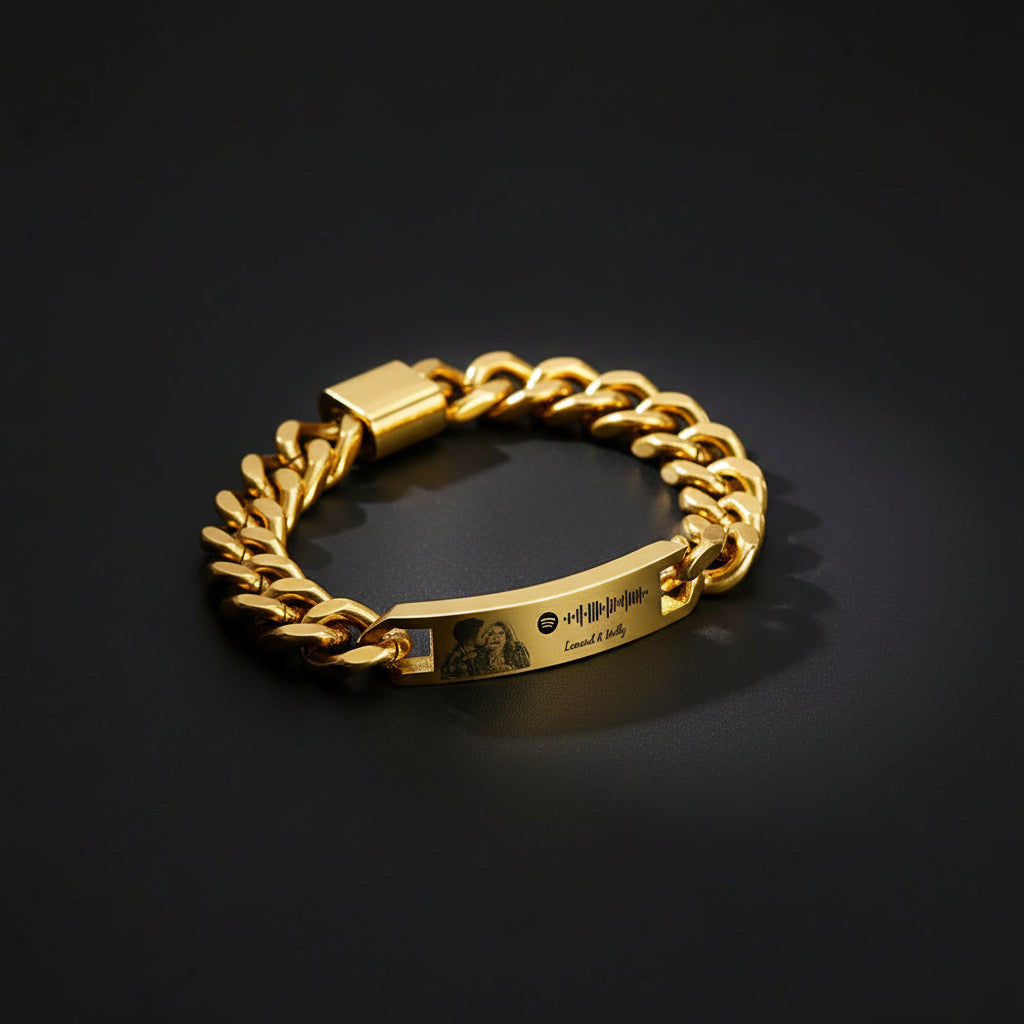 Gold Spotify code bracelet with photo engraving, perfect anniversary gift for him, customized
