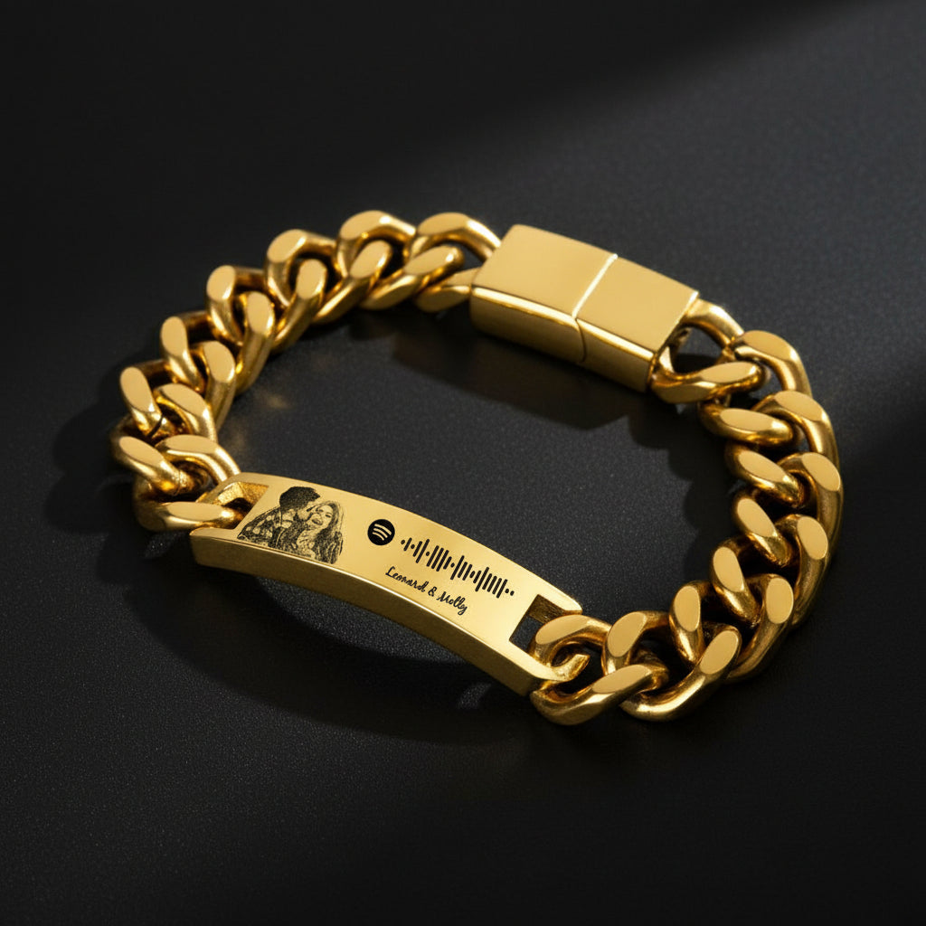 Gold Personalized Spotify Code Bracelet for Him, Engraved with Photo and Song Code, Anniversary Gift
