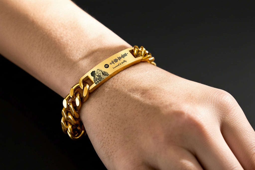 Gold Personalized Spotify Code Bracelet with Photo Engraving, Perfect Anniversary Gift for Him