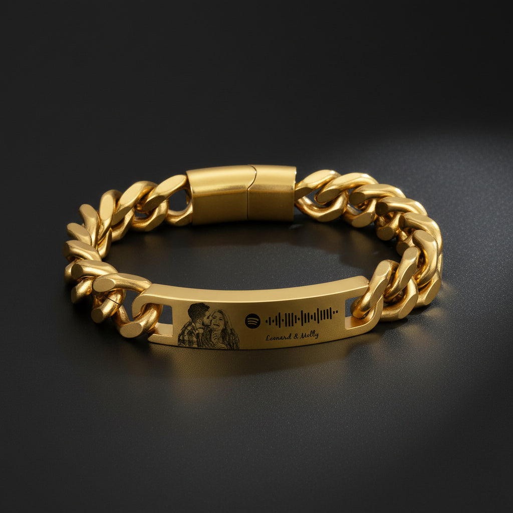 Personalized gold Spotify code bracelet with engraved photo and custom text, a perfect anniversary gift for him.
