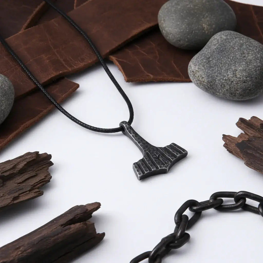 Thor’s Hammer Mjolnir Iron Gray Stainless Steel Viking Necklace for Men – Gift Box Set - Hadi Craft
