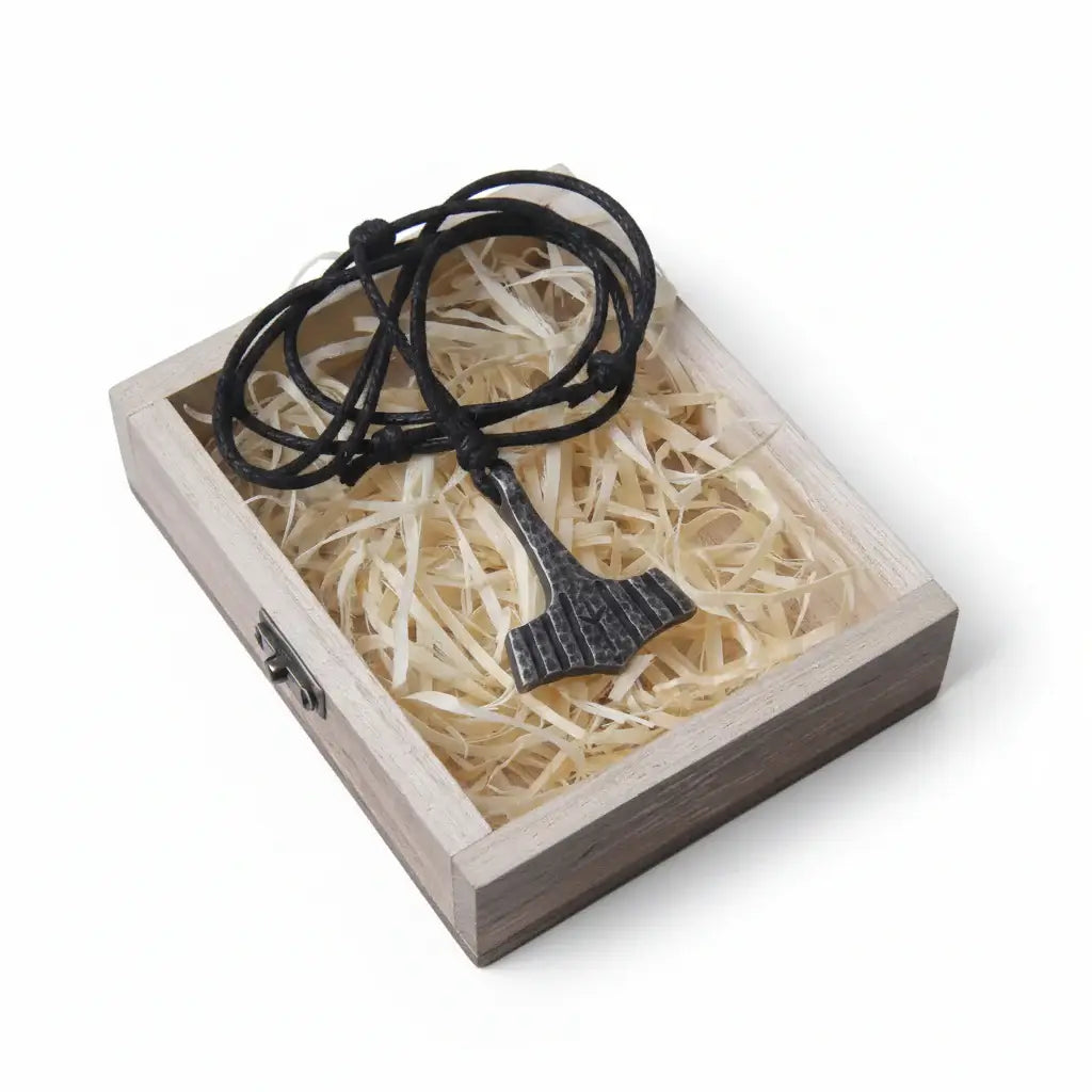 Thor’s Hammer Mjolnir Iron Gray Stainless Steel Viking Necklace for Men – Gift Box Set - Hadi Craft