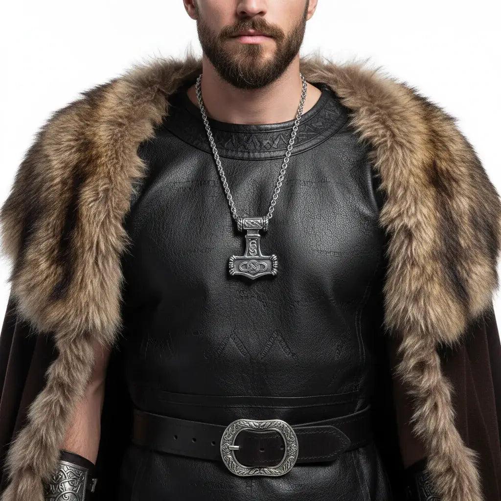 Thor Mjolnir Viking necklace gift box worn by a man in a fur-lined cape and leather armor.