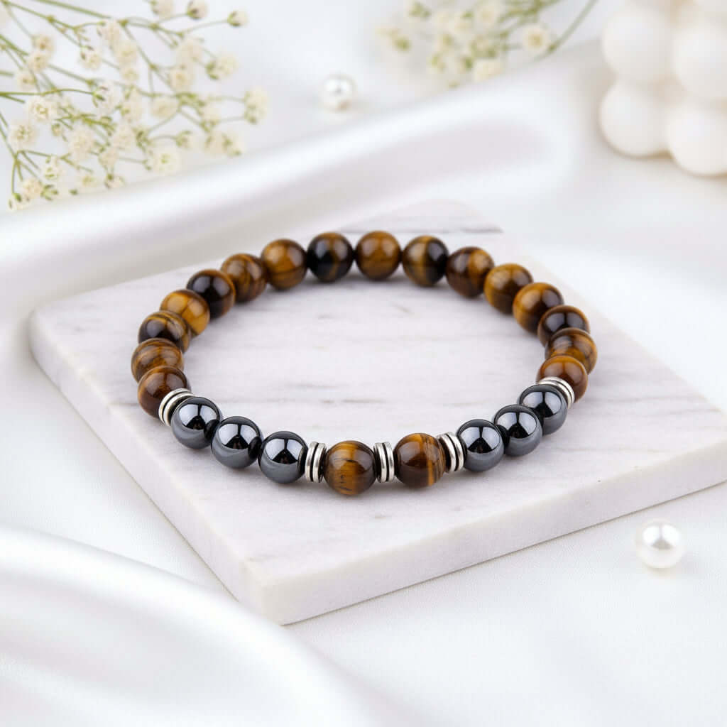Tiger Eye Bracelet Fashion Simple Obsidian Alloy Separator Elastic Bracelet - Hadi Craft