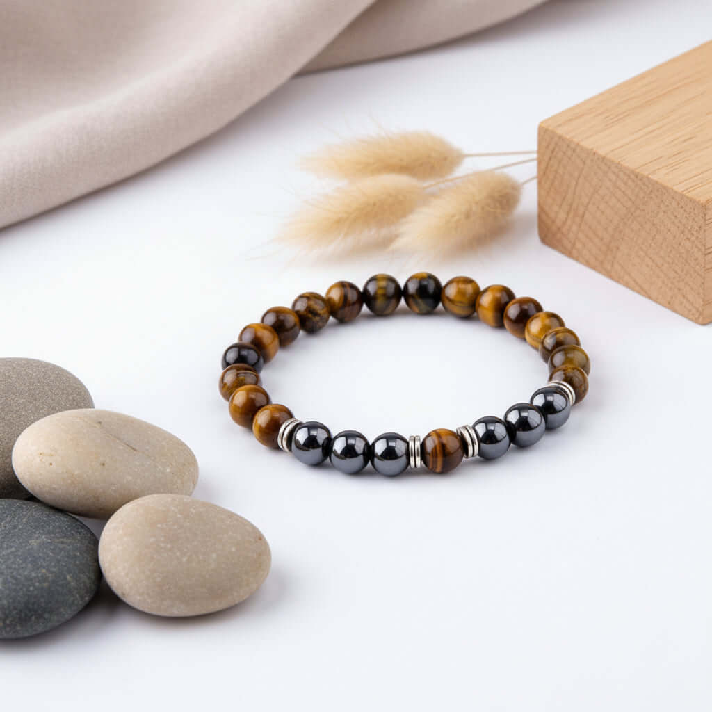 Tiger Eye Bracelet Fashion Simple Obsidian Alloy Separator Elastic Bracelet - Hadi Craft