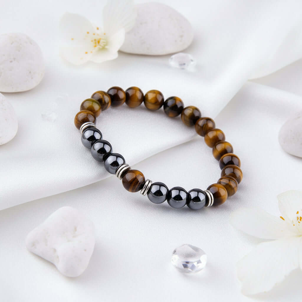Tiger Eye Bracelet Fashion Simple Obsidian Alloy Separator Elastic Bracelet - Hadi Craft