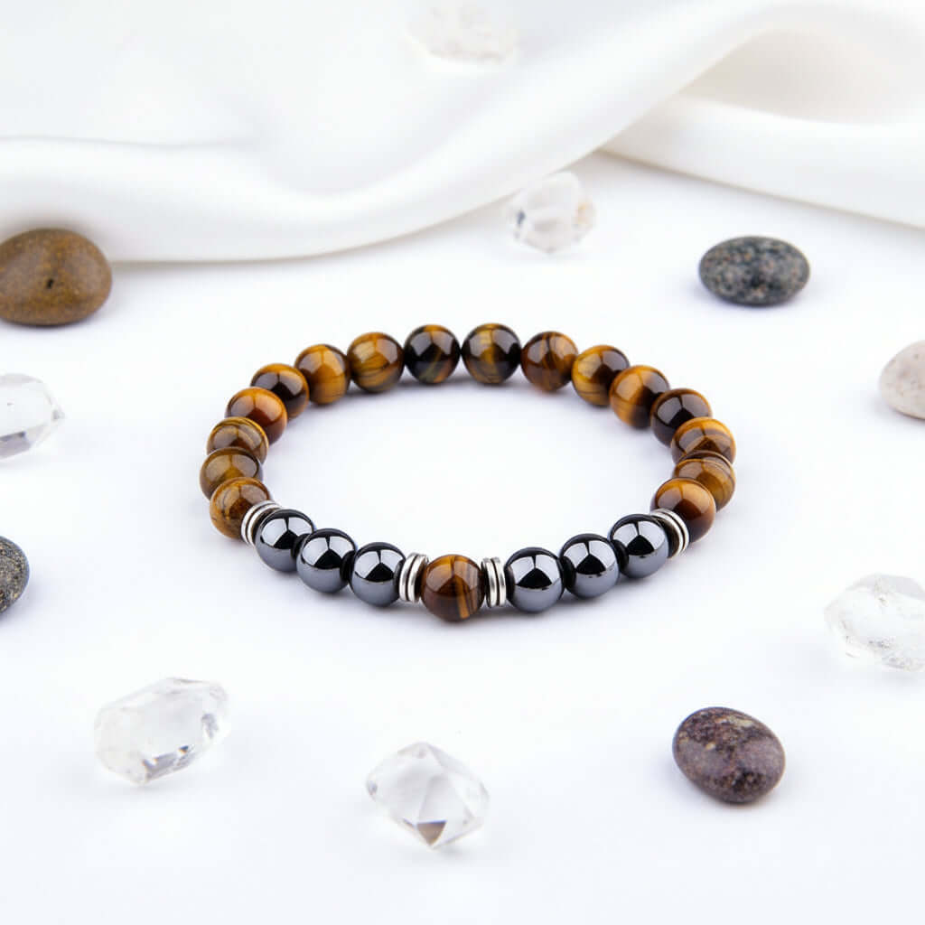 Tiger Eye Bracelet Fashion Simple Obsidian Alloy Separator Elastic Bracelet - Hadi Craft