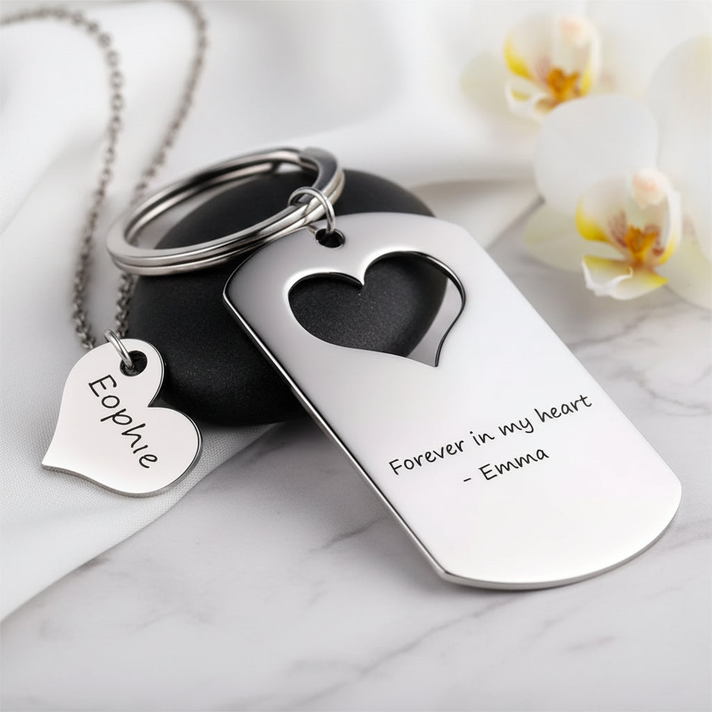 Custom Engraved Mother and Daughter Keychain & Necklace Set Customized Name
