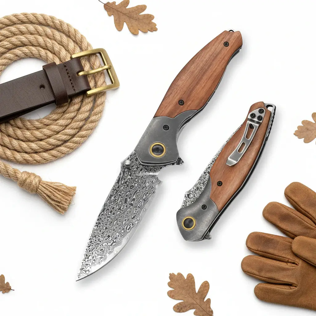 VG10 Damascus Steel Folding Knife – Premium EDC Pocket Knife with Mahogany Handle for Camping & Outdoor - Hadi Craft