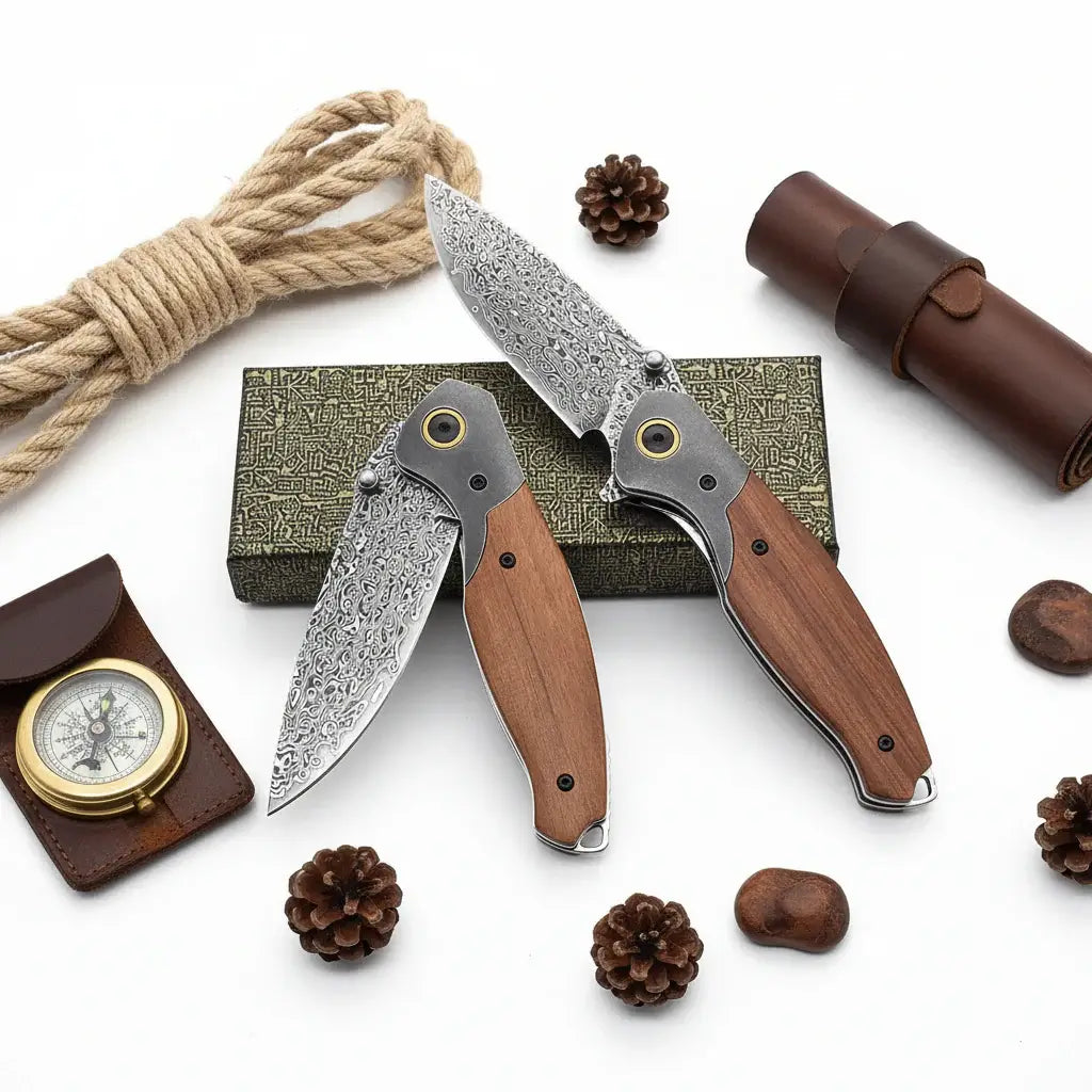 VG10 Damascus Steel Folding Knife – Premium EDC Pocket Knife with Mahogany Handle for Camping & Outdoor - Hadi Craft