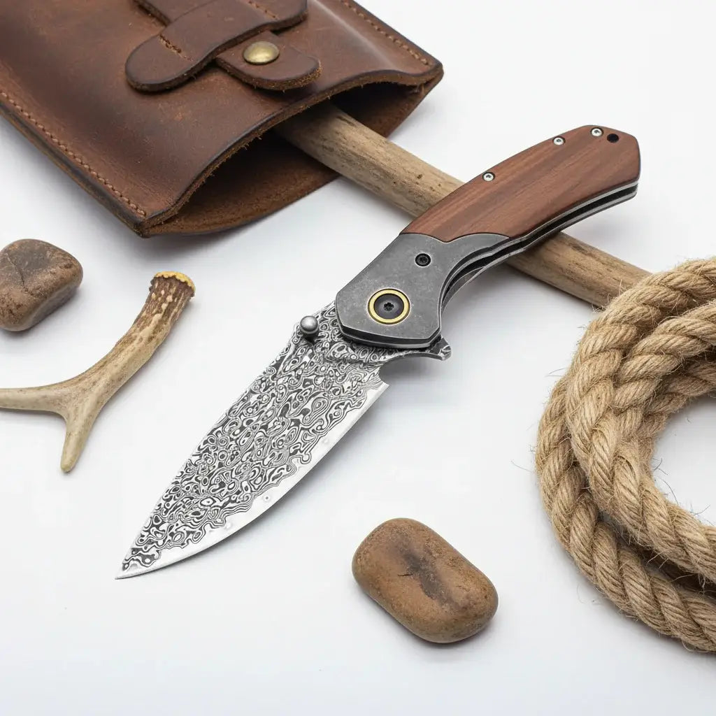 VG10 Damascus Steel Folding Knife – Premium EDC Pocket Knife with Mahogany Handle for Camping & Outdoor - Hadi Craft