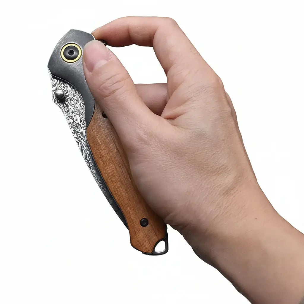 VG10 Damascus Steel Folding Knife – Premium EDC Pocket Knife with Mahogany Handle for Camping & Outdoor - Hadi Craft