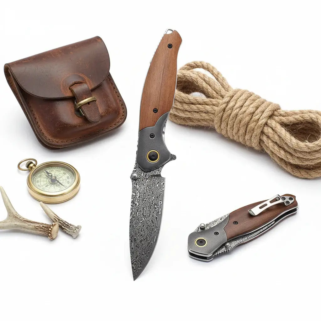 VG10 Damascus Steel Folding Knife – Premium EDC Pocket Knife with Mahogany Handle for Camping & Outdoor - Hadi Craft