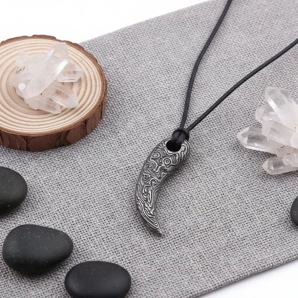 Viking Damascus steel tooth pendant Necklace Nordic Warrior Jewelry - Hadi Craft