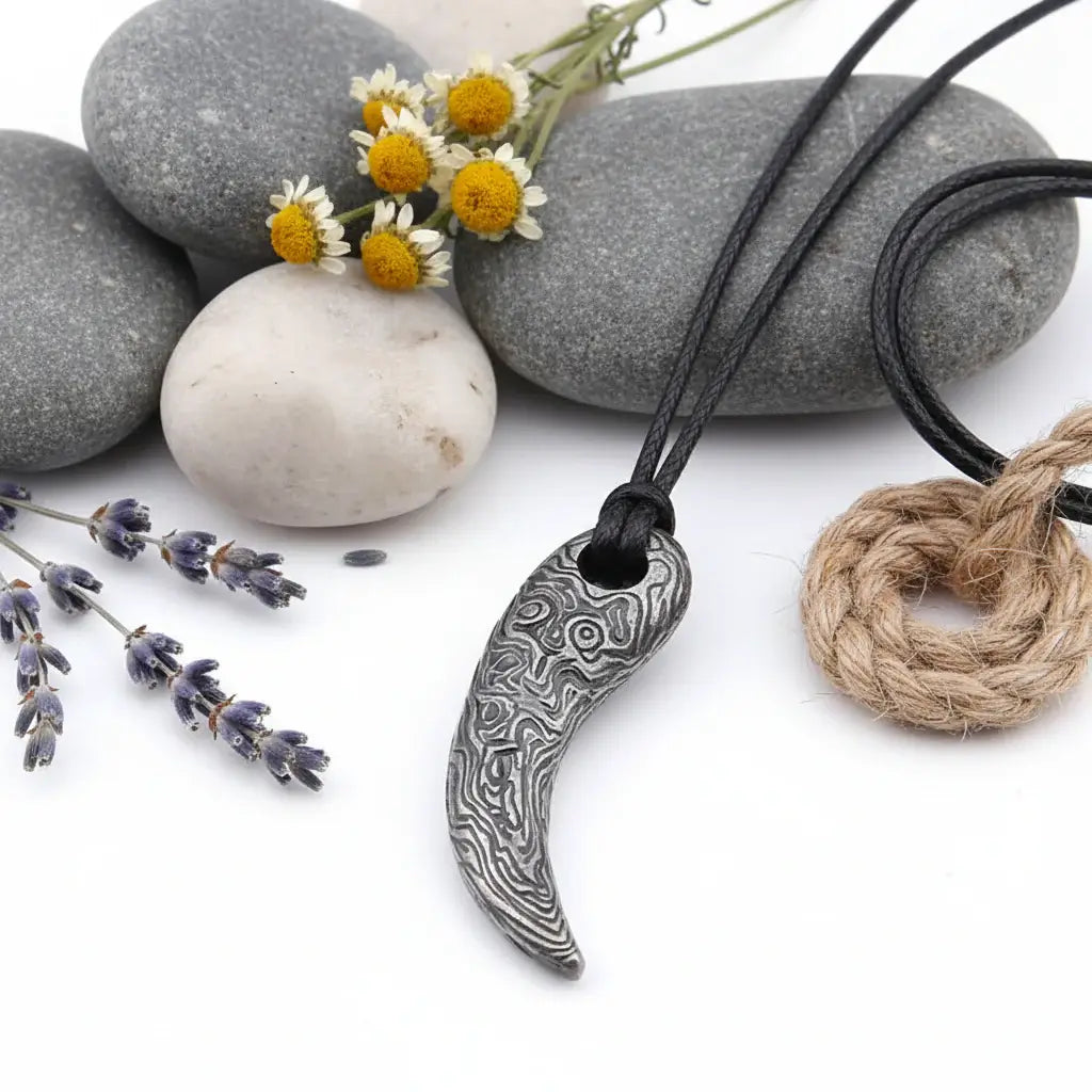 Viking Damascus steel tooth pendant Necklace Nordic Warrior Jewelry - Hadi Craft