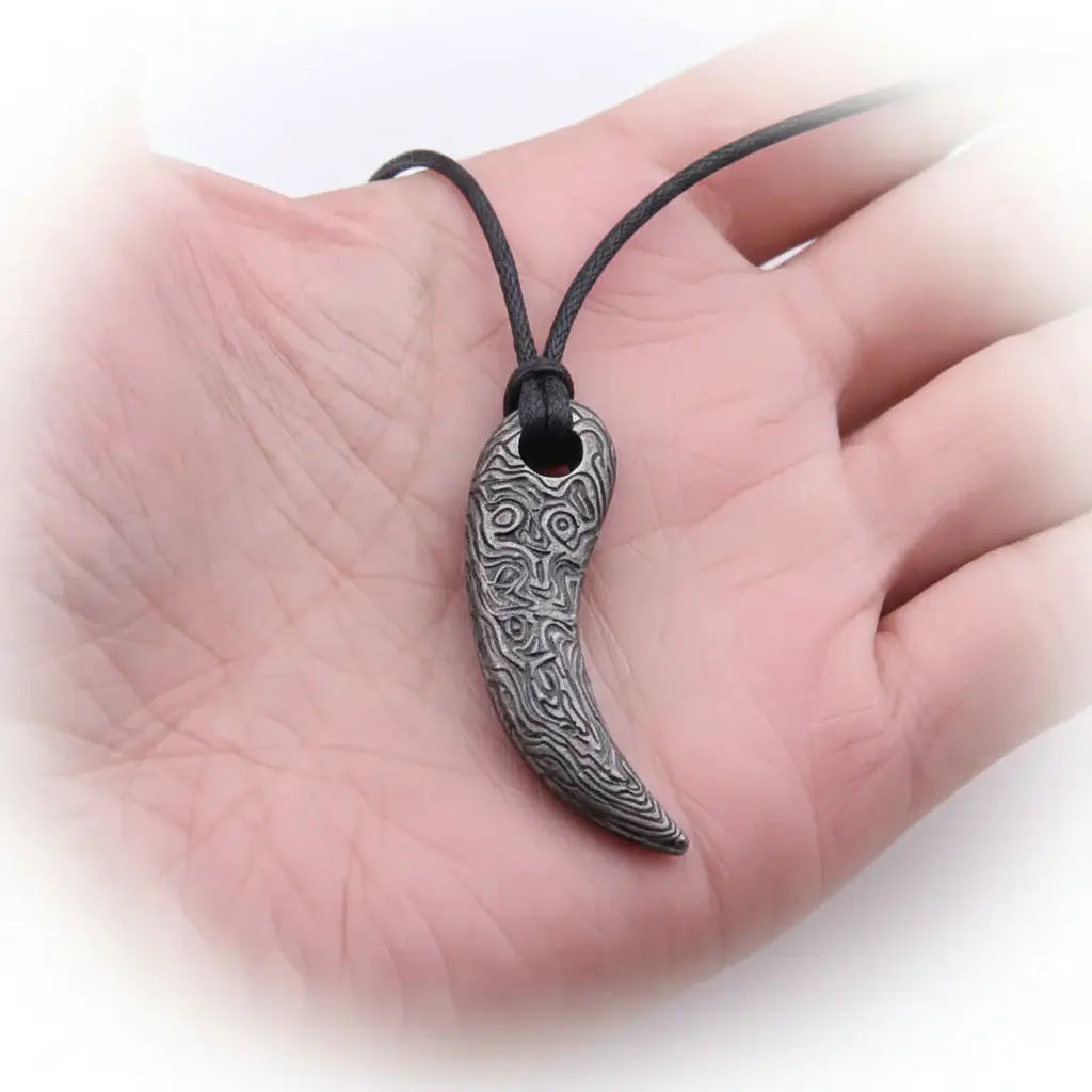 Viking Damascus steel tooth pendant Necklace Nordic Warrior Jewelry - Hadi Craft