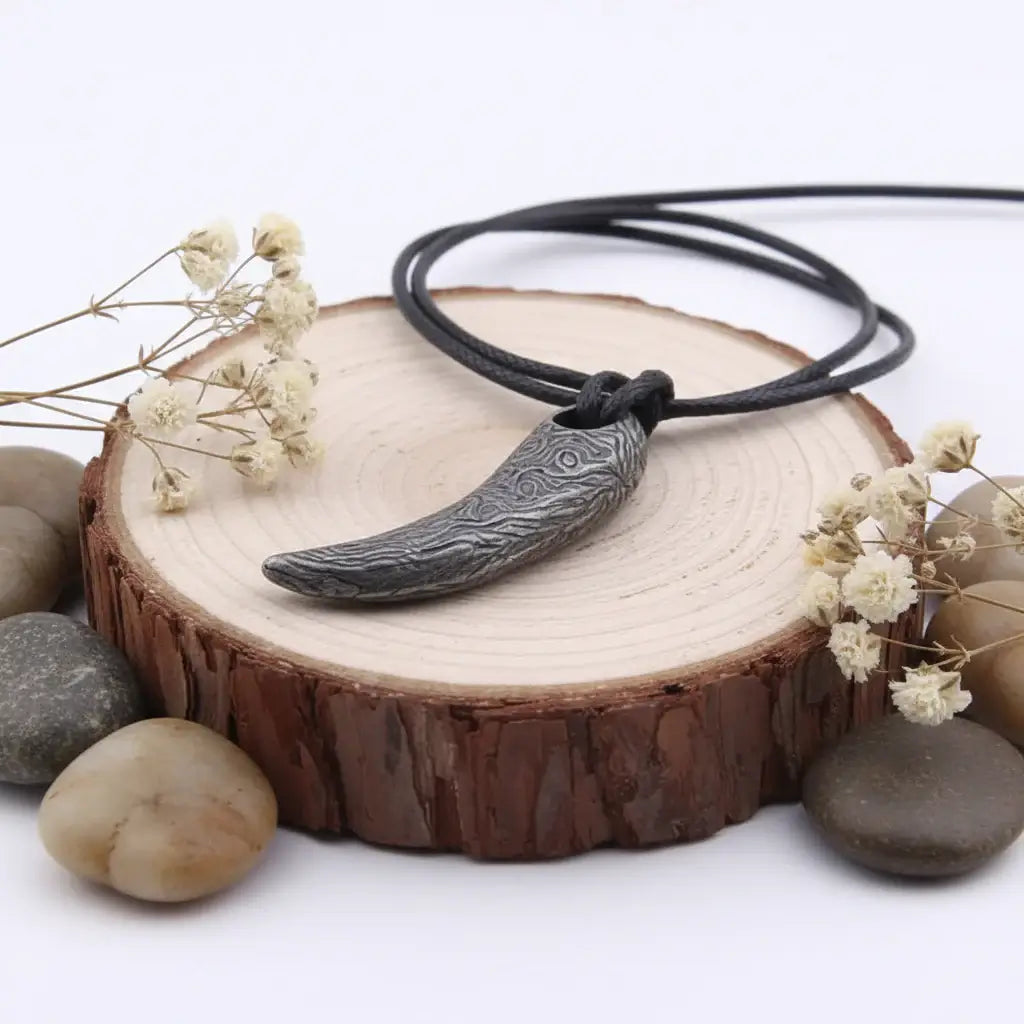 Viking Damascus steel tooth pendant Necklace Nordic Warrior Jewelry - Hadi Craft