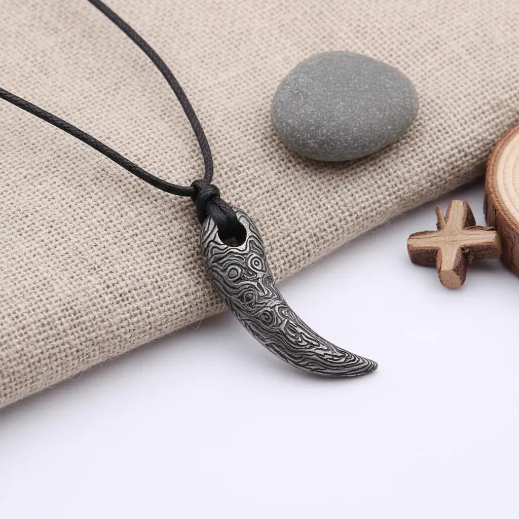 Viking Damascus steel tooth pendant Necklace Nordic Warrior Jewelry - Hadi Craft