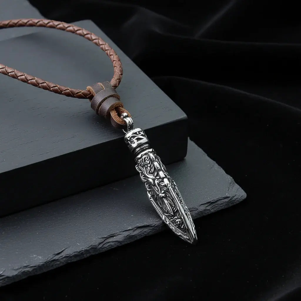 Viking Dragon Spear Stainless Steel Pendant Necklace for Men – Leather Chain Gift Box Set - Hadi Craft