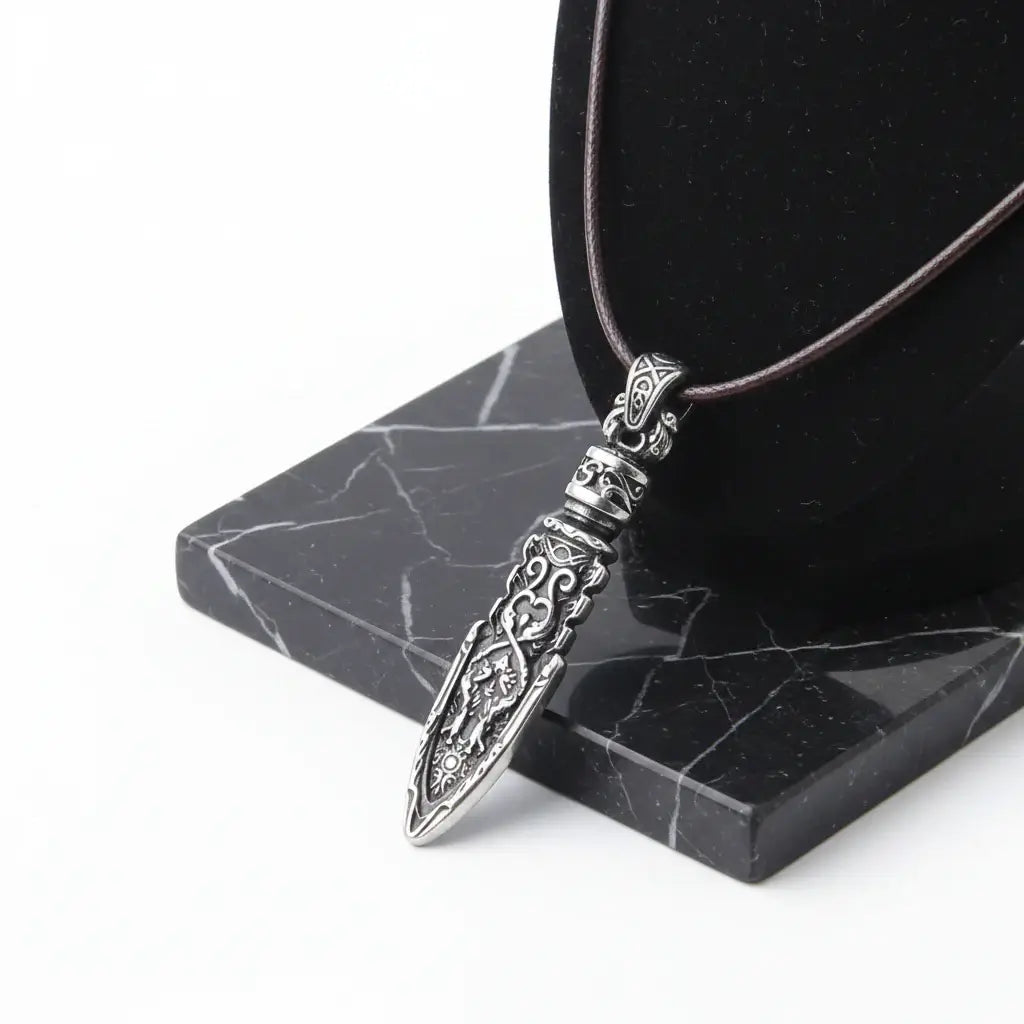 Viking Dragon Spear Stainless Steel Pendant Necklace for Men – Leather Chain Gift Box Set - Hadi Craft