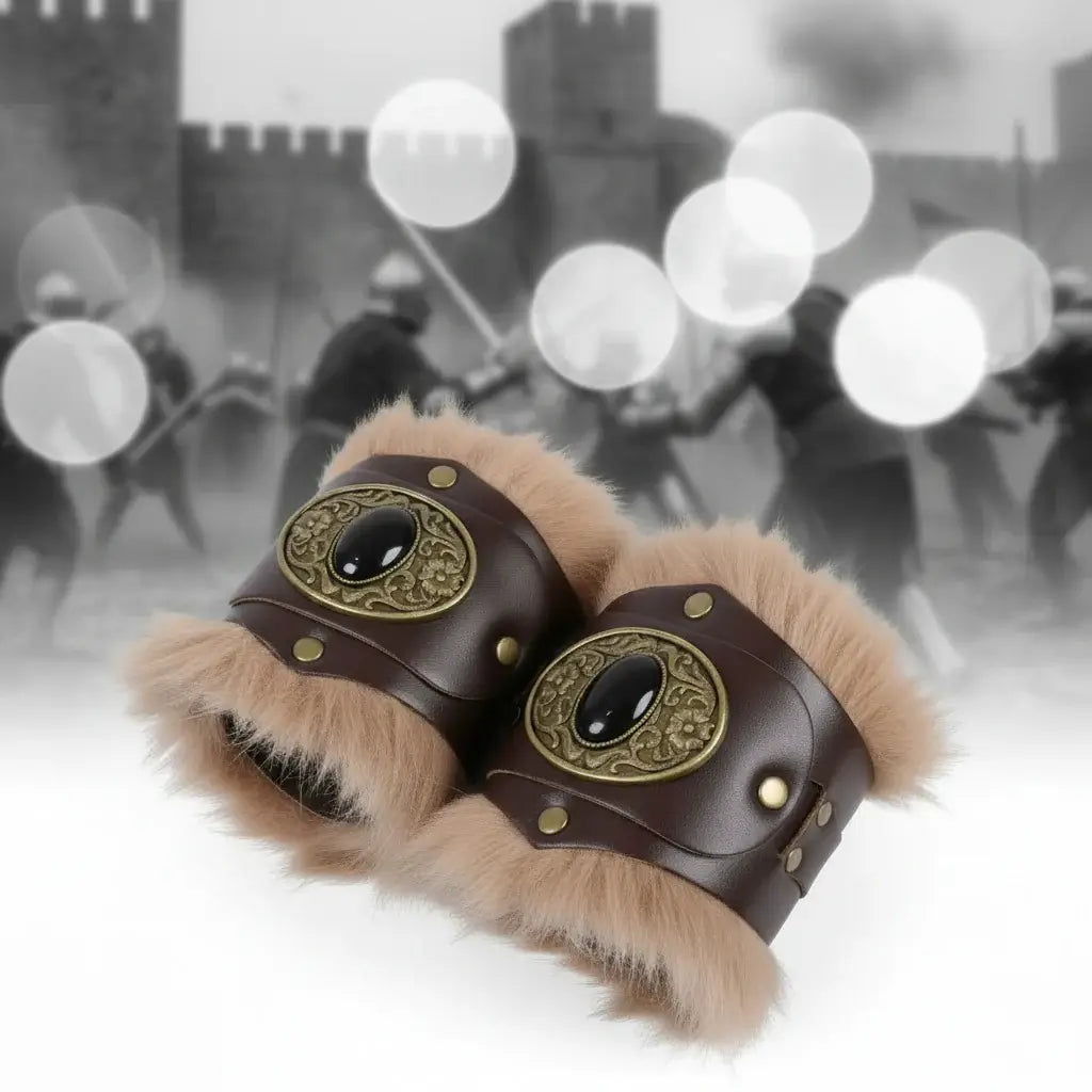 Viking Fur Wrist Cuffs – Medieval Leather Plush Warrior Wrist Guards for Cosplay & Winter Costume - Hadi Craft