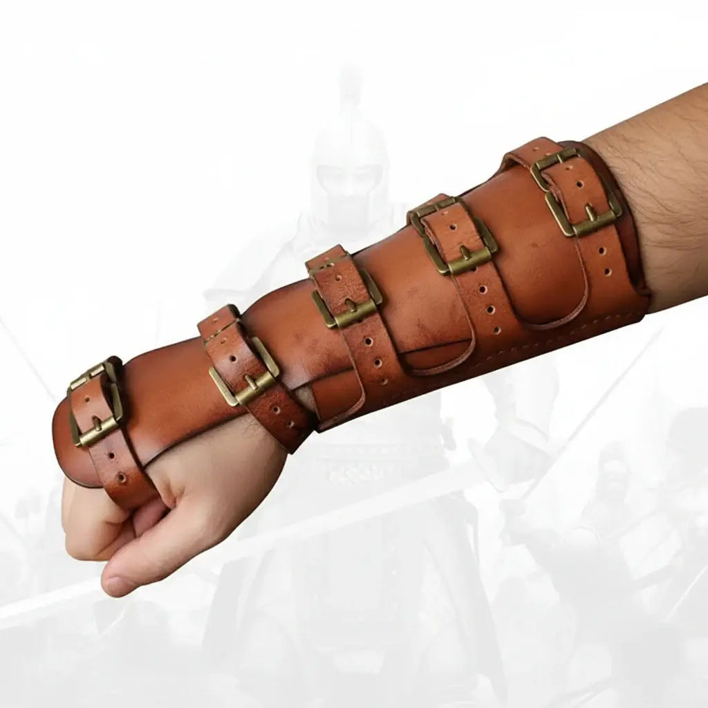 Viking leather bracers for cosplay - Medieval Buckled Arm Armor on a hand, ideal for LARP and Halloween costumes.