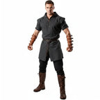 Viking leather bracers for cosplay worn by a model, showcasing medieval buckled arm armor in a fantasy outfit.