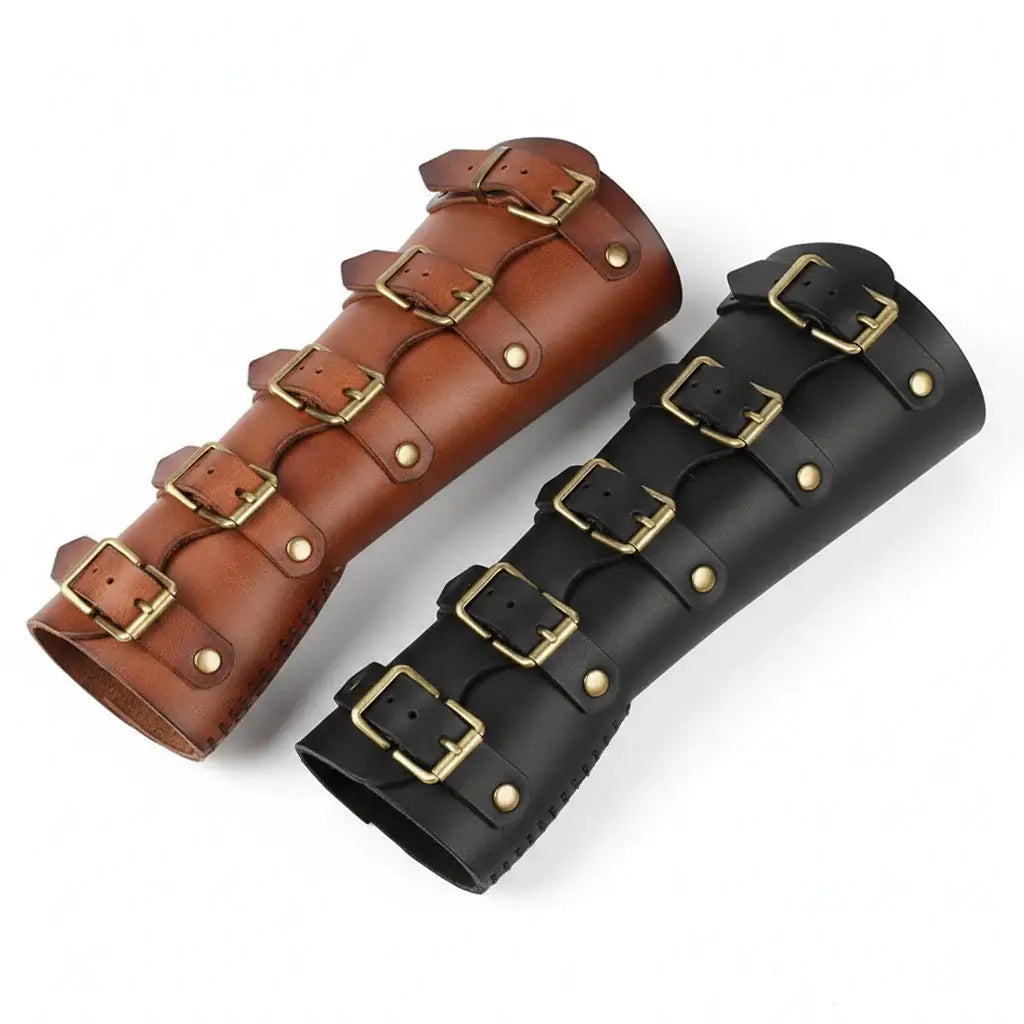 Viking leather bracers for cosplay – Medieval Buckled Arm Armor in brown and black leather with brass buckles.